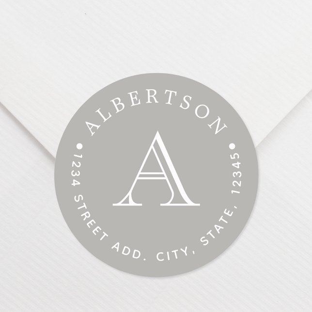 Classic Grey Monogram Family Name Return Address Round Sticker (Creator Uploaded)