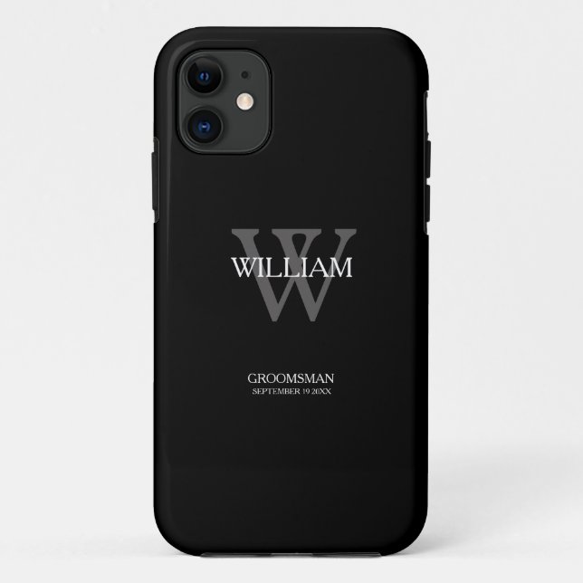 Classic Grey Monogram White Name Black Groomsman Case-Mate iPhone Case (Back)