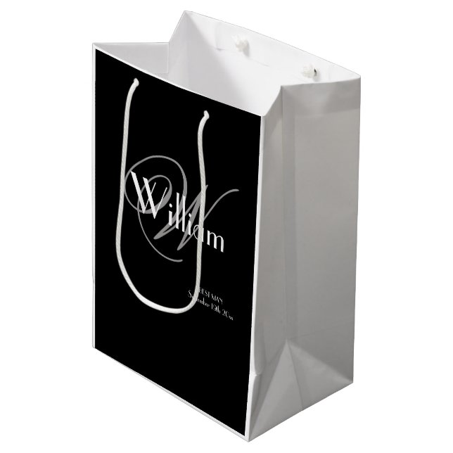 Classic Grey Monogram White Script Best Man Black Medium Gift Bag (Front Angled)