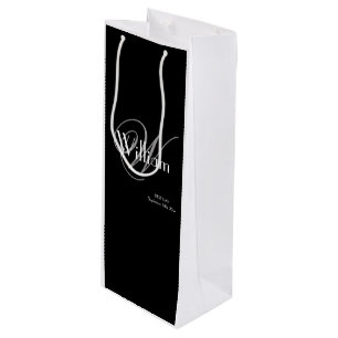 Classic Grey Monogram White Script Best Man Black Wine Gift Bag