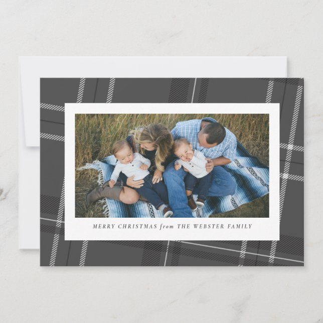 Classic grey plaid holiday photo card (Front)