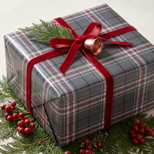 Classic Grey Red Stripe Christmas Tartan Plaid Wrapping Paper