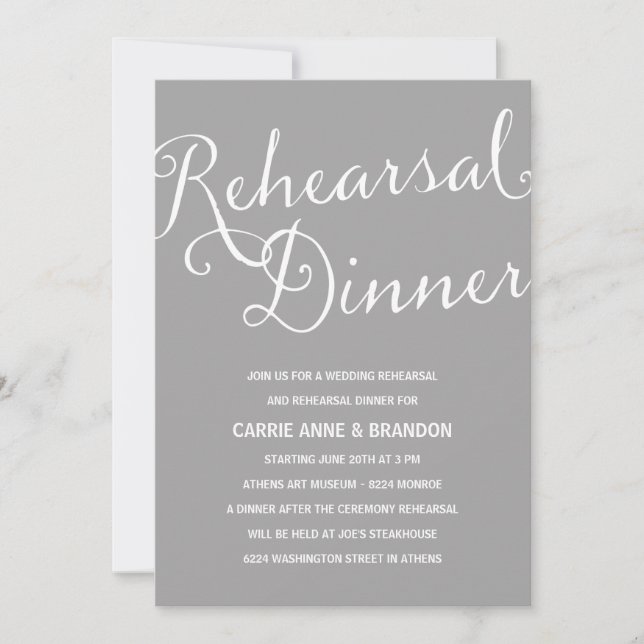 Classic Grey | Rustic Calligraphy Rehearsal Dinner Invitation (Front)