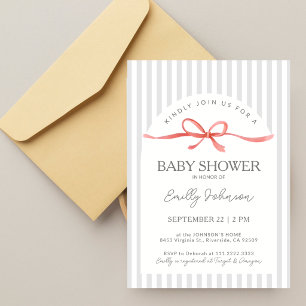 Classic Grey Stripes Red Ribbon Baby Shower Invitation