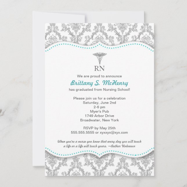 Classic Grey & Turquoise Nurse graduation pinning Invitation (Front)