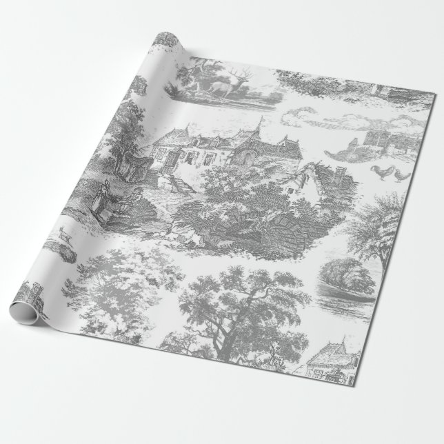 Classic Grey Vintage French Country Toile Wrapping Paper (Unrolled)