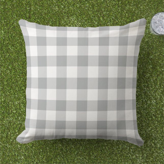 Classic Grey White Gingham Plaid Check Cushion (Grass)