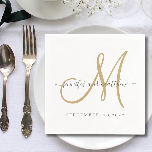 Classic Grey White Gold Monogram Elegant Wedding Napkin (Creator Uploaded)