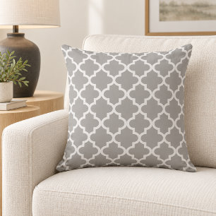 Classic Grey White Quatrefoil Trellis Cushion