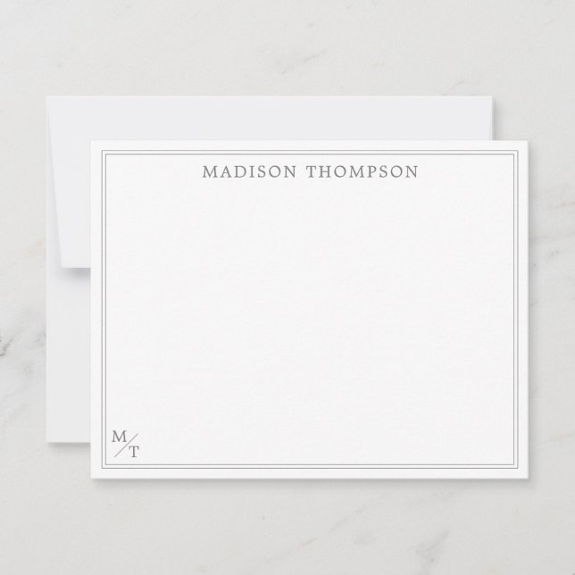 Classic Grey with Border Monogram Note Card (Front)