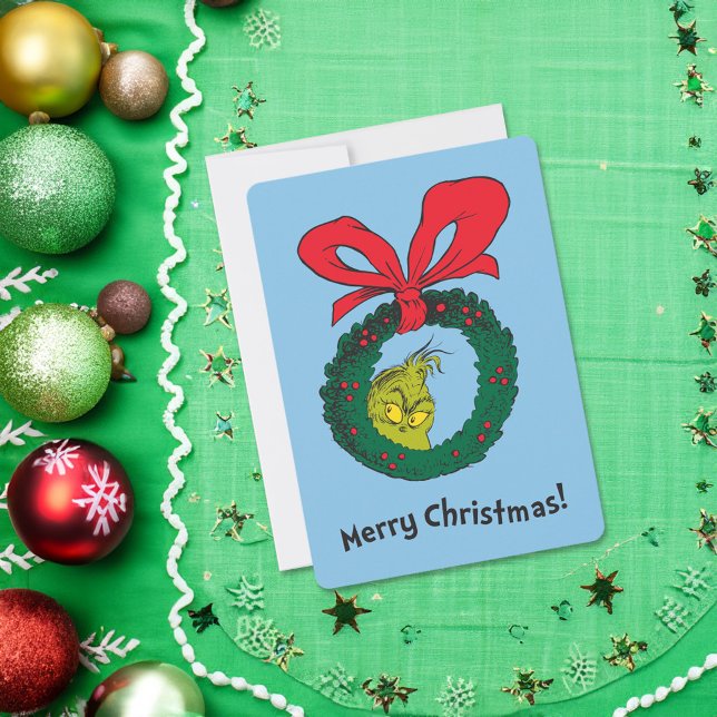 Classic Grinch | Christmas Wreath Holiday Card (Card on table)