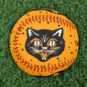Classic Halloween Cat Face on Orange Black Stars Softball