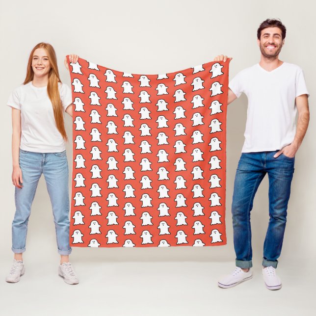 Classic Halloween Orange and White Ghost Fleece Blanket (In Situ)