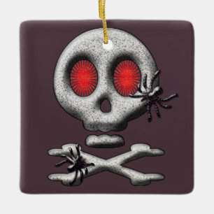Classic Halloween Scary Skull and Creepy Spiders Ceramic Ornament