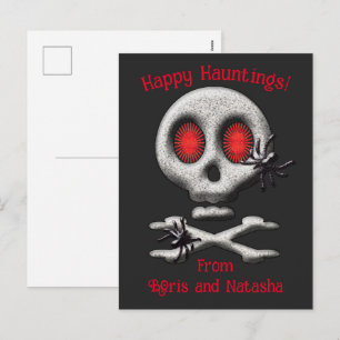 Classic Halloween Scary Skull and Creepy Spiders Holiday Postcard
