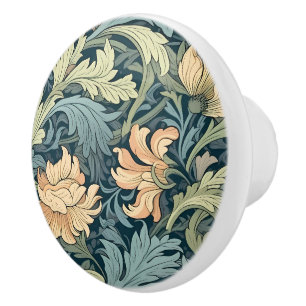 Classic hand drawn Morris floral in blue pattern Ceramic Knob