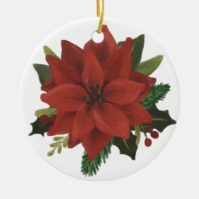 Classic Hand Painted Poinsettia Holiday Ceramic Tree Decoration (Front)