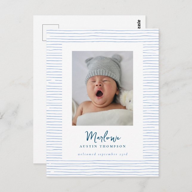 Classic Handdrawn Blue Striped Birth Announcement Postcard (Front/Back)