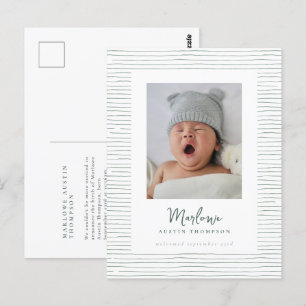 Classic Handdrawn Green Striped Birth Announcement Postcard