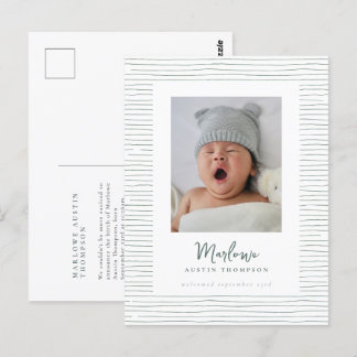 Classic Handdrawn Green Striped Birth Announcement Postcard