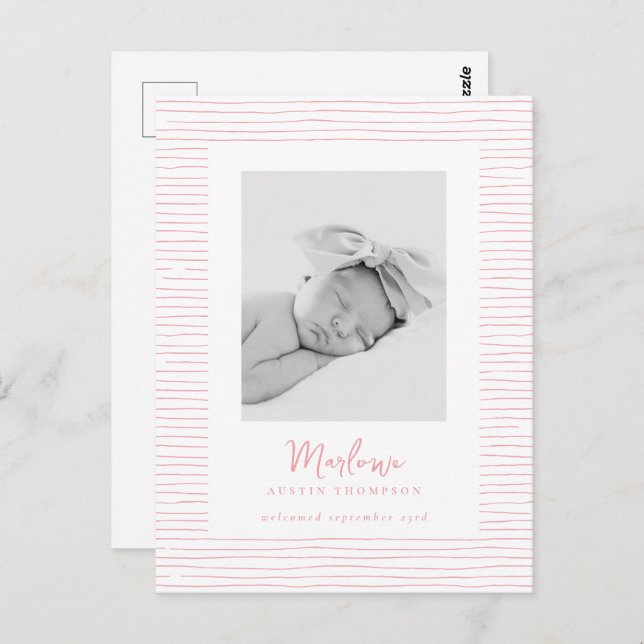 Classic Handdrawn Pink Striped Birth Announcement Postcard (Front/Back)