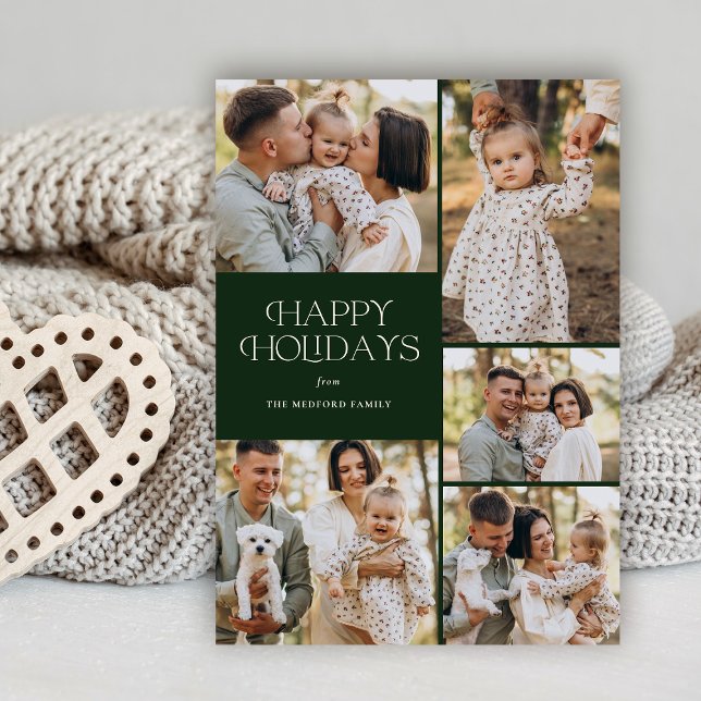Classic Happy Holidays Five Photo Floral Back Holiday Card (Creator Uploaded)