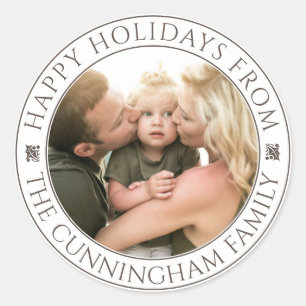 Classic Happy Holidays Greeting Custom Photo Round Sticker