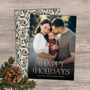 Classic Happy Holidays Text Floral Back Photo Holiday Card