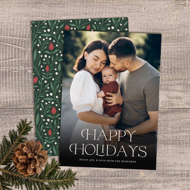 Classic Happy Holidays Text Floral Back | Photo Holiday Card (Creator Uploaded)