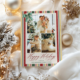 Classic Happy Holidays Vintage Stripes Bow 3 Photo Holiday Card