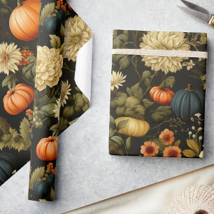 Classic Harvest Vintage Pumpkin & Black Florals Wrapping Paper