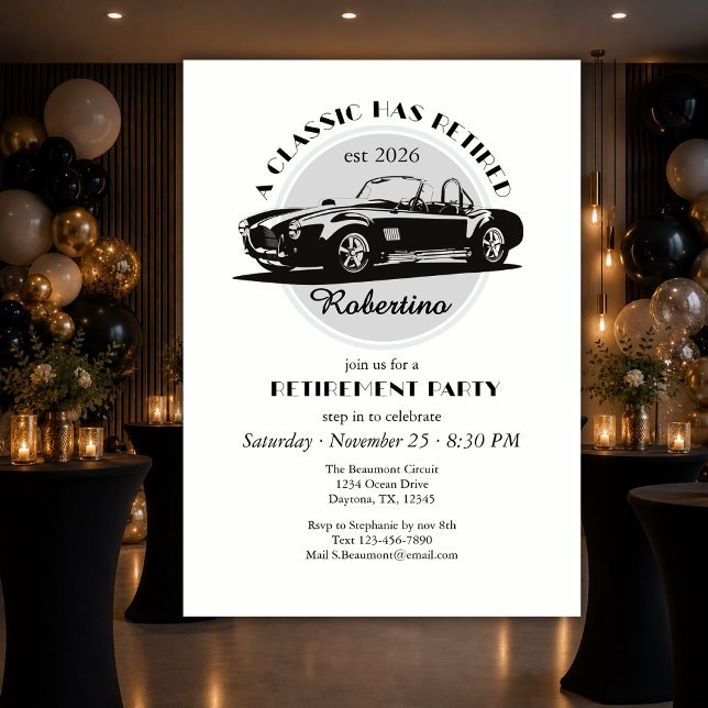Classic Has Retired Black Car Retirement Party Invitation (Creator Uploaded)