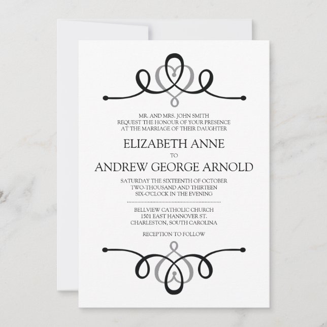 Classic Heart Grey Traditional Wedding Invitation (Front)