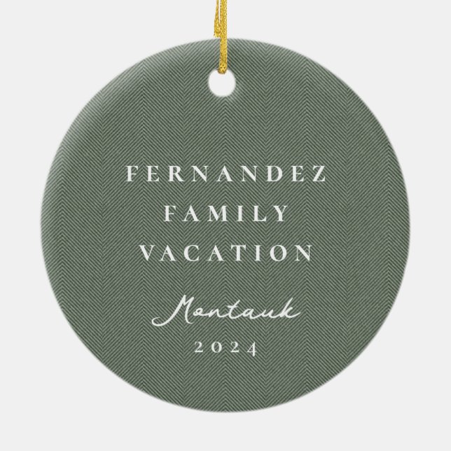 Classic herringbone simple sage green photo ceramic tree decoration (Back)