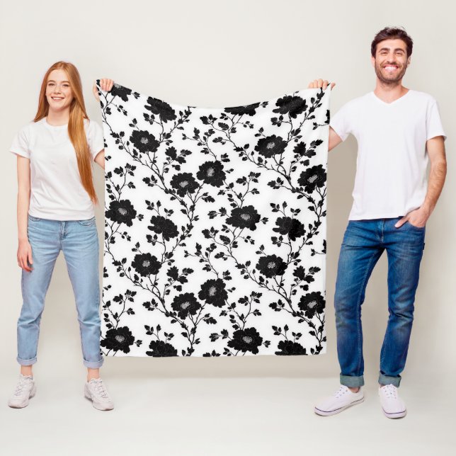 Classic High Contrast Black Floral Silhouette Fleece Blanket (In Situ)