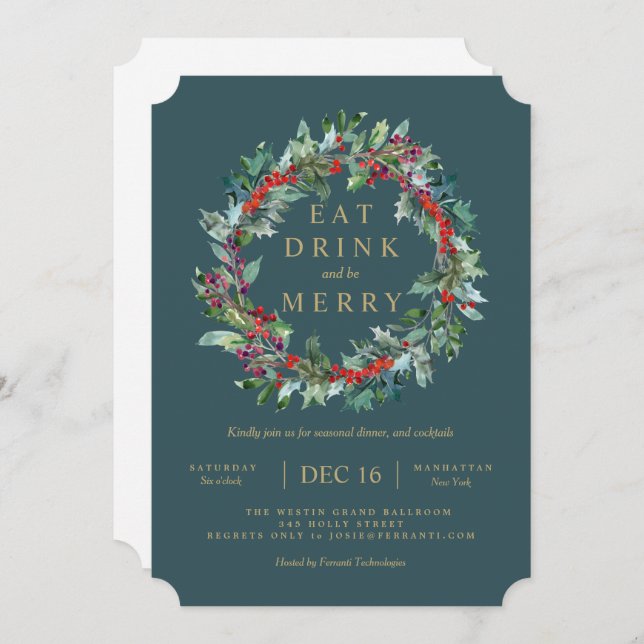 Classic Holiday Berry Holly Wreath Invitation (Front/Back)