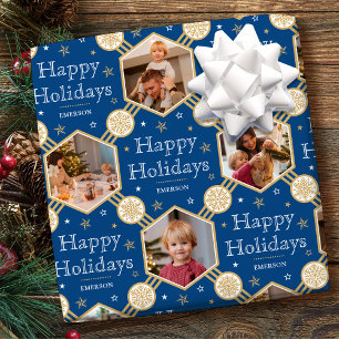 Classic Holiday Family Photo Collage Blue Wrapping Paper