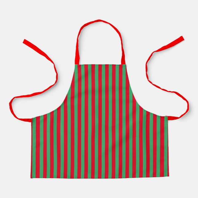 Classic Holiday Festive Green Red Vertical Stripes Apron (Front)