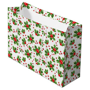 Classic Holiday Green Holly Red Berries Large Gift Bag