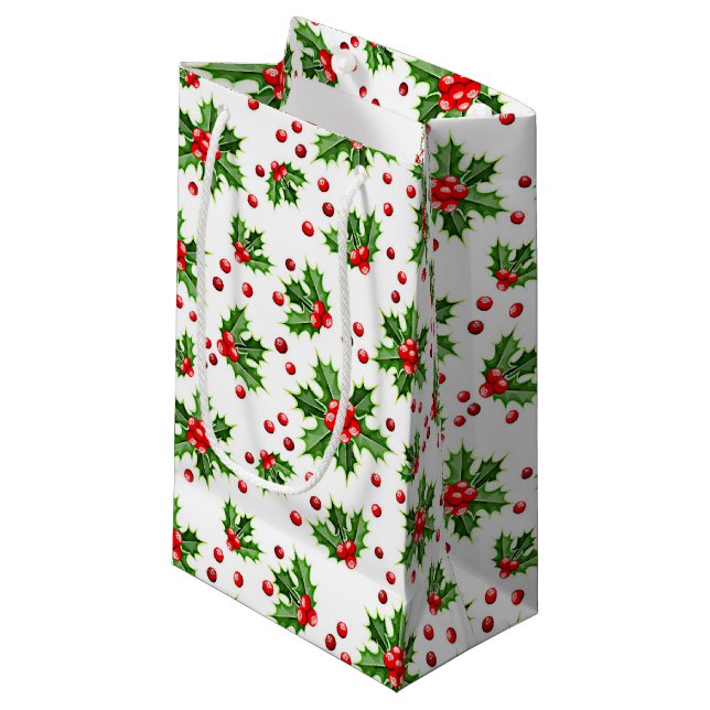 Classic Holiday Green Holly Red Berries Small Gift Bag (Front Angled)