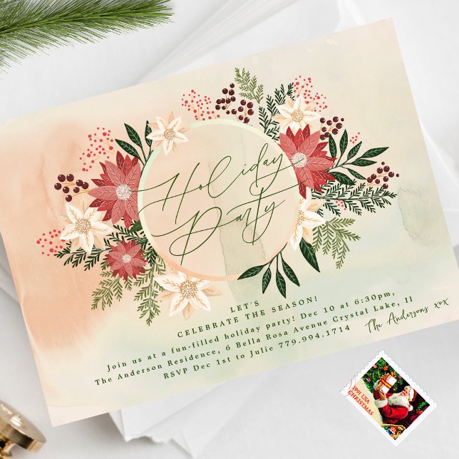 Classic Holiday Party Poinsettia Wreath Splendour Invitation (Creator Uploaded)