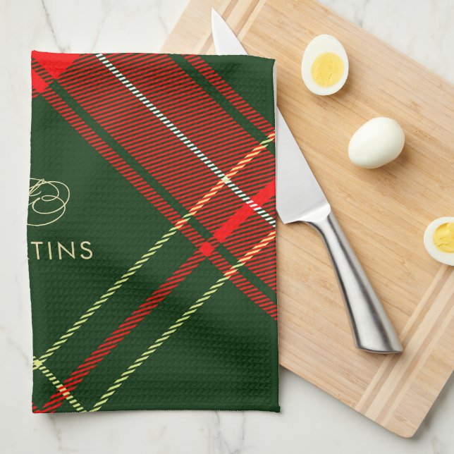 Classic Holiday Plaid Family Name Christmas Tea Towel (Quarter Fold)