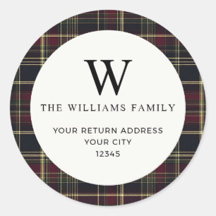 Classic Holiday Plaid Monogram Return Address Round Sticker