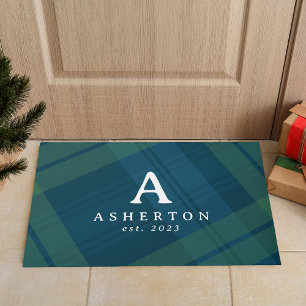 Classic holiday plaid navy green custom Christmas Doormat