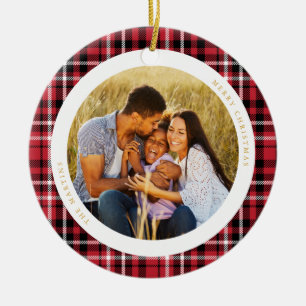 Classic Holiday Red Plaid Photo Ceramic Tree Decoration