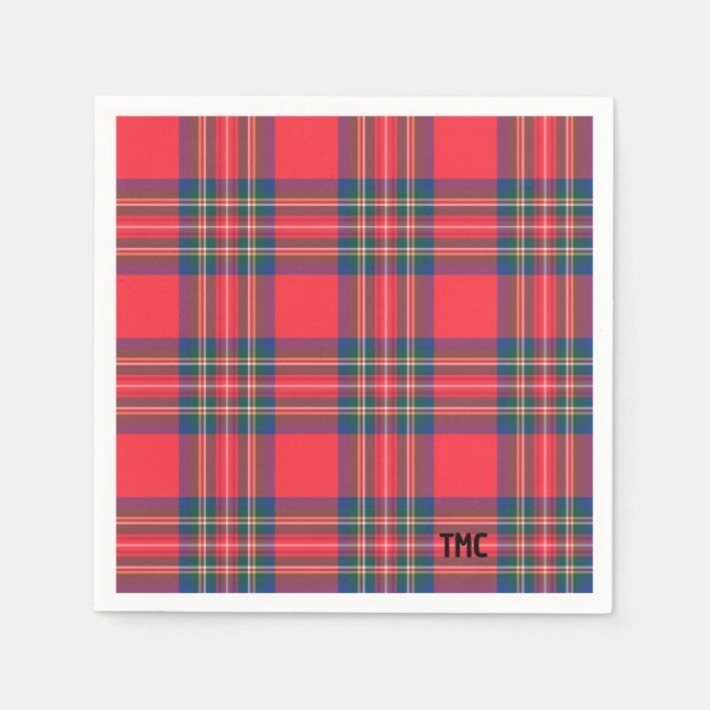 Classic Holiday Red Tartan Plaid Initials Festive Napkin (Front)