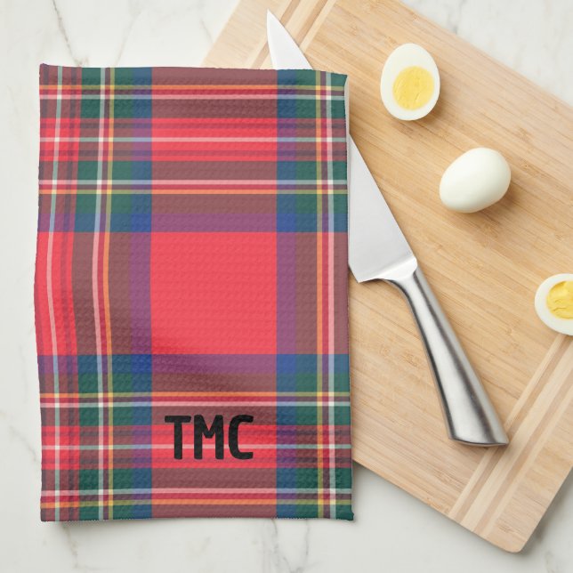 Classic Holiday Red Tartan Plaid INITIALS Festive  Tea Towel (Quarter Fold)