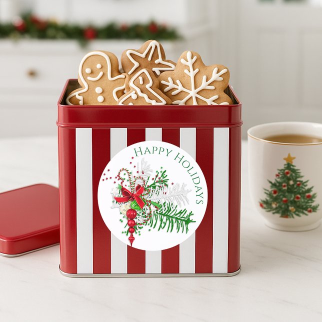 Classic Holiday Red White Candy Cane Green Foliage Classic Round Sticker (Creator Uploaded)