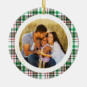 Classic Holiday White Plaid Photo Ceramic Tree Decoration