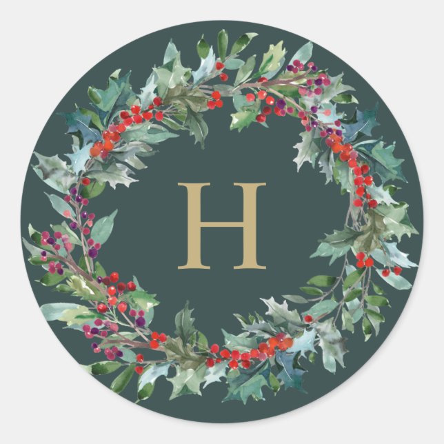 Classic Holiday Wreath Monogram Stickers (Front)